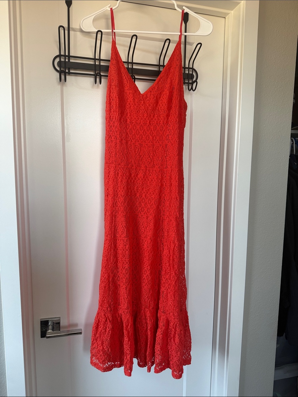 Lulu's Red Lace Maxi Dress with V-Neck and Spaghetti Straps